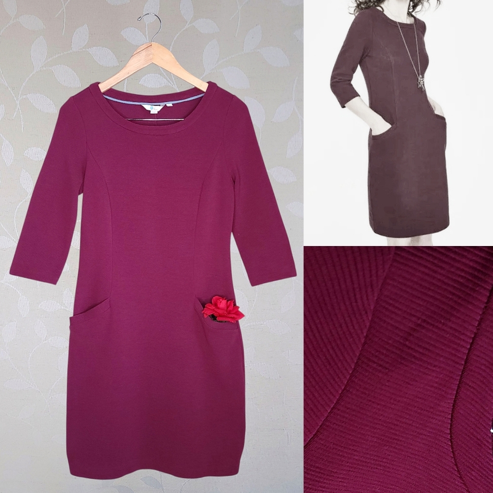 Boden Jasmine Ottoman Shift Dress Burgundy Ribbed Wide Neck 3/4 Sleeve Twee 4R